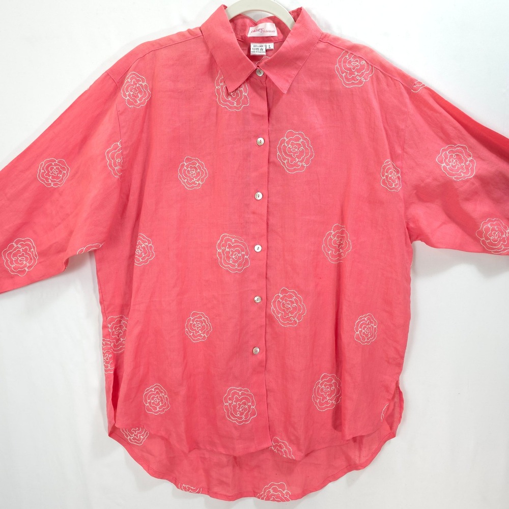 Casey Coleman Embroidered Rose Linen Button Down Women L Coral Pink Coastal
